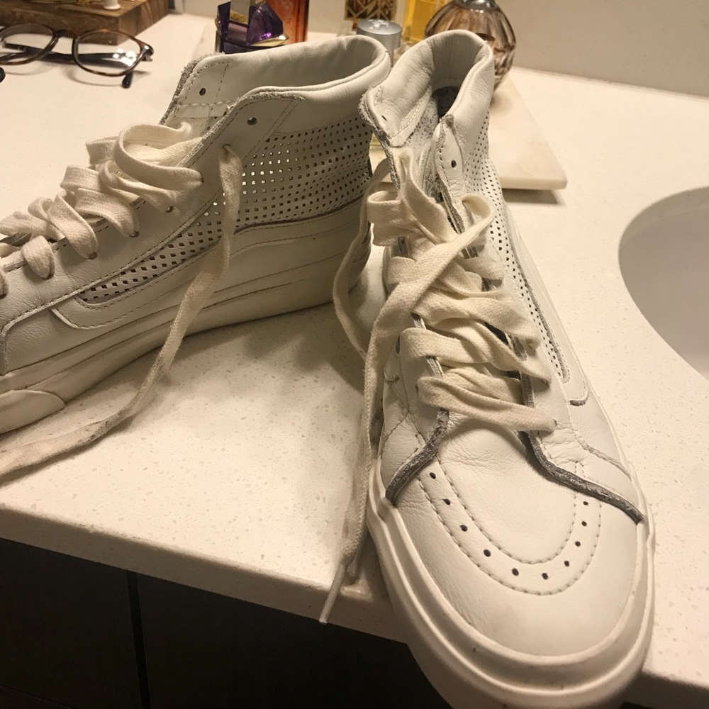 White leather high top vans